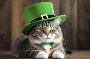 ai generado un escocés Derecho gato en S t. patrick's día sombrero se sienta en un madera antecedentes foto