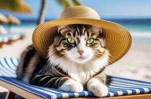 AI generated Cat wearing summer hat relaxing sitting on deckchair in the sea background. photo