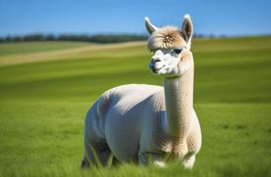 AI generated A portrait of funny Alpaca animal grazing on green field on blue sky photo