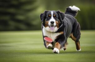 ai generado linda bernés montaña perro perrito corriendo en el césped foto