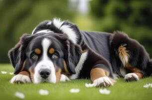 AI generated Happy Bernese Mountain dog puppy lying in the grass photo