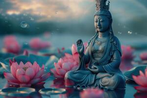AI generated Guanyin Buddha statue in tranquil meditation with pink lotus flowers on water. photo