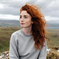 AI generated Pensive Redheaded Woman in Grey Sweatshirt Mockup Contemplating Mountainous Terrain. photo