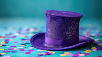 ai generado reluciente púrpura parte superior sombrero con vistoso papel picado en un vibrante verde azulado antecedentes. foto