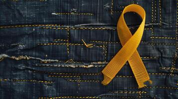 AI generated Childhood cancer awareness month. A bright yellow awareness ribbon pinned on textured denim. photo