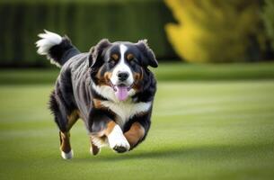 ai generado linda bernés montaña perro perrito corriendo en el césped foto