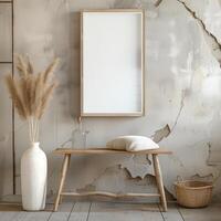 AI generated Elegant Interior Design Mockup with Blank White Frame and Rustic Decor Elements. photo