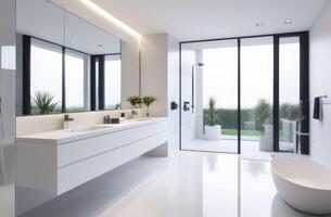 AI generated modern white bathroom interior with countertop basin, mirror and shower photo