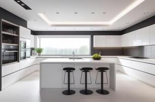 AI generated Beautiful modern kitchen room interior in white shades photo