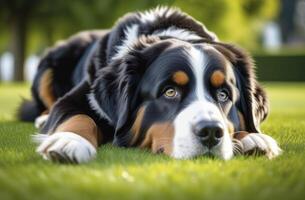 ai generado linda bernés montaña perro perrito acostado en el césped foto