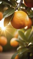 AI generated Summer citrus background. Orange fruit tree garden photo