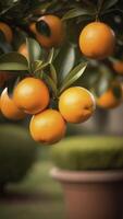 AI generated Summer citrus background. Orange fruit tree garden photo