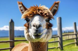 AI generated A portrait of funny Alpaca animal grazing on green field on blue sky photo