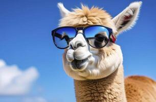ai generado un retrato de gracioso alpaca animal con Dom lentes pasto en verde campo en azul cielo foto
