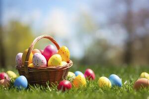 ai generado cesta con Pascua de Resurrección huevos en el césped. contento Pascua de Resurrección antecedentes. foto