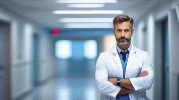 ai generado retrato de contento masculino médico vistiendo uniforme y sonriente con brazos cruzado foto