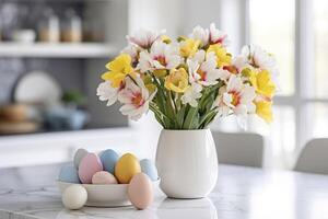 AI generated Beautiful spring flowers bouquet in a vase on the table in the kitchen . Sunny spring day. photo