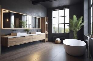 AI generated modern grey bathroom interior in loft style with countertop basin, mirror and shower photo