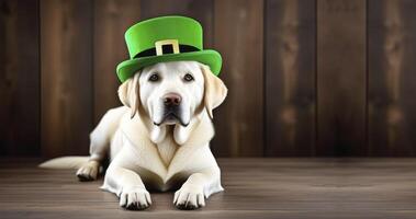 AI generated Banner a Gold Retriever dog in St. Patrick's Day hat sits on a wood background photo