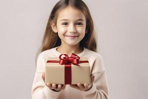 AI generated A charming young girl with white gift box and red bow for Mother's Day or Birthday. photo