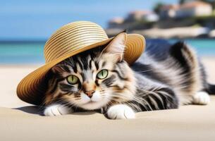 AI generated Cat wearing summer hat relaxing sitting on deckchair in the sea background. photo