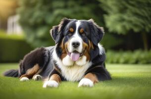 AI generated Happy Bernese Mountain dog puppy lying in the grass photo