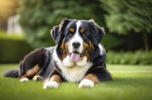 ai generado contento bernés montaña perro perrito acostado en el césped foto