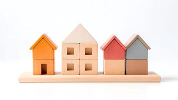 AI generated Wooden house toy models on white background photo