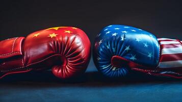 AI generated USA and China, Two boxing gloves national flag pattern photo