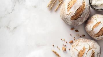 AI generated Top view of bread and pistachios with copy space on a marble table background, Cook in kitchen Concept photo
