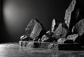 AI generated Dark Stone Podium Minimalist Showcase with Geometric Texture photo