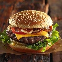 AI generated Mouthwatering Cheeseburger with Thick Juicy Patty and Fresh Ingredients photo