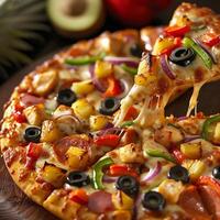 ai generado irresistible Pizza deleitar, tentador combinación de pollo, piña, pepperoni, y más foto
