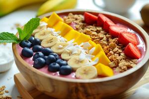 ai generado disfrutar el frescura de frutas en un zalamero cuenco para desayuno foto