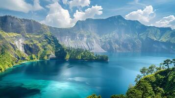 ai generado un asombroso ver de un hermosa lago abrazado por majestuoso montaña paisajes foto