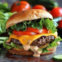 AI generated Mouthwatering Cheeseburger with Thick Juicy Patty and Fresh Ingredients photo