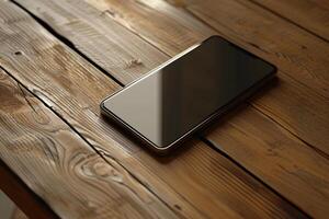 AI generated A Modern Smartphone Resting upon a Rustic Wooden Table photo