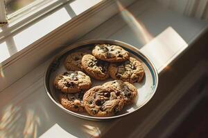 AI generated Freshly Baked Chocolate Chip Cookies The Tempting Homemade Treat photo