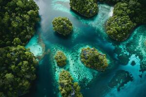 ai generado un aéreo ver de el coral islas en un tropical sitio foto