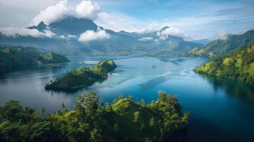 AI generated A Breathtaking View of a Beautiful Lake Embraced by Majestic Mountain Landscapes photo