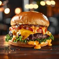 AI generated Mouthwatering Cheeseburger with Thick Juicy Patty and Fresh Ingredients photo