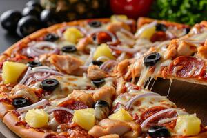 AI generated Irresistible Pizza Delight, Tempting Combination of Chicken, Pineapple, Pepperoni, and More photo