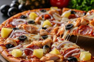 AI generated Irresistible Pizza Delight, Tempting Combination of Chicken, Pineapple, Pepperoni, and More photo