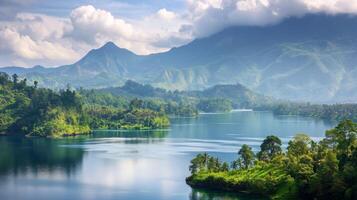 AI generated A Breathtaking View of a Beautiful Lake Embraced by Majestic Mountain Landscapes photo