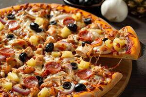 ai generado irresistible Pizza deleitar, tentador combinación de pollo, piña, pepperoni, y más foto