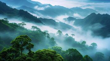 ai generado encantamiento sobre el envuelto en niebla verde montañas foto