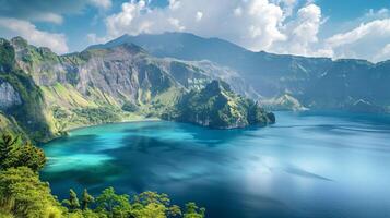 AI generated A Breathtaking View of a Beautiful Lake Embraced by Majestic Mountain Landscapes photo