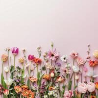 ai generado vibrante manojo de clasificado flores en prístino suave antecedentes foto