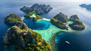 ai generado un aéreo ver de el coral islas en un tropical sitio foto