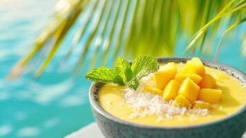AI generated Relaxing by Turquoise Blue Pool and Enjoying Tropical Smoothie in Paradise photo